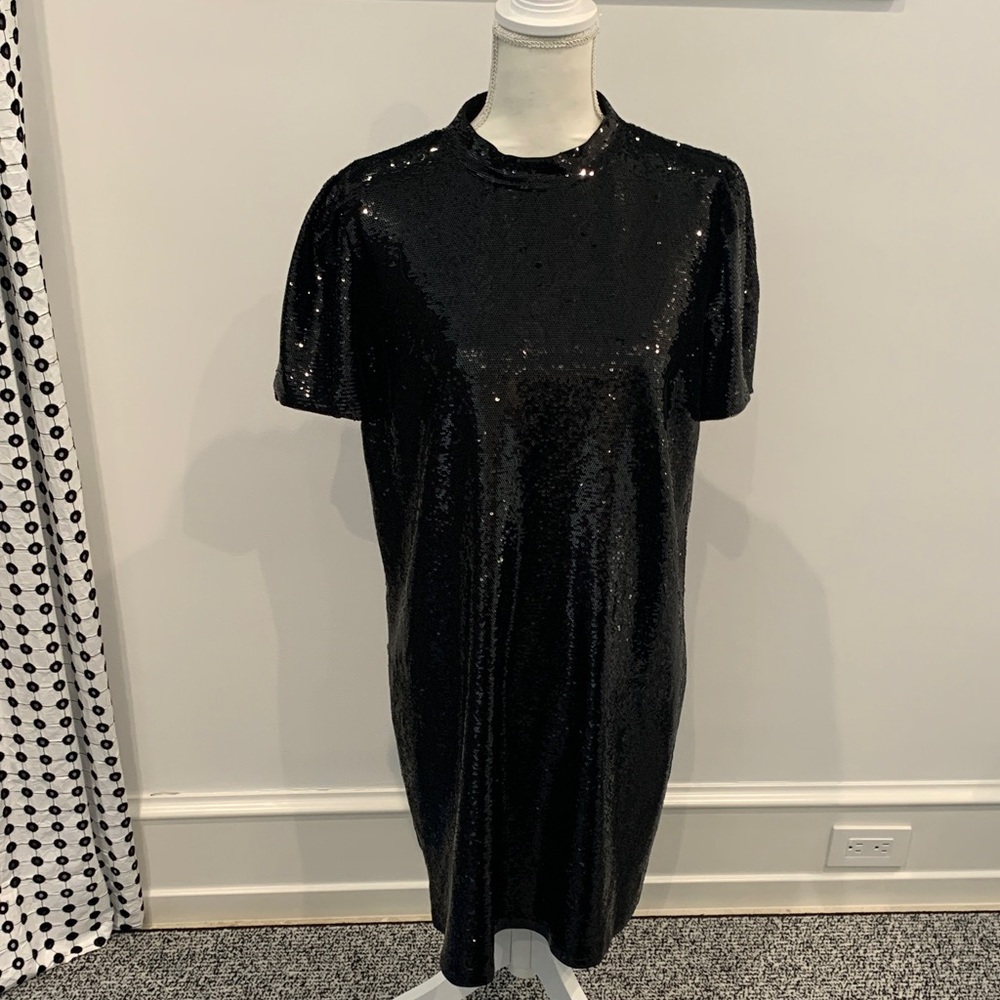 Michael MK Black Sequin Short-Sleeve Dress - Elegant Party Dress  XL